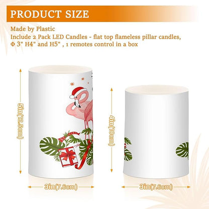 ALAZA Pink Flamingo Merry Christmas Happy New Year Flickering Flameless Candles Battery Operated with Remote Timer,Tea Light Candles LED Pillar Votive Candles Set of 2 for Outdoor Indoor Decorations