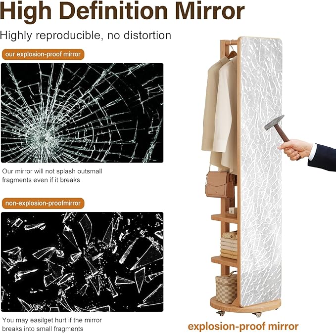 WoodsWhisper Full Length Mirror Coat Rack Solid Wood Floor Mirror 66"x12" Full Length Mirror with Stand Long Mirrors for Bedroom,Living Room (Natural-Mobile, 66" Lx12 W)