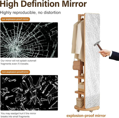 WoodsWhisper Full Length Mirror Coat Rack Solid Wood Floor Mirror 66"x12" Full Length Mirror with Stand Long Mirrors for Bedroom,Living Room (Natural-Mobile, 66" Lx12 W)