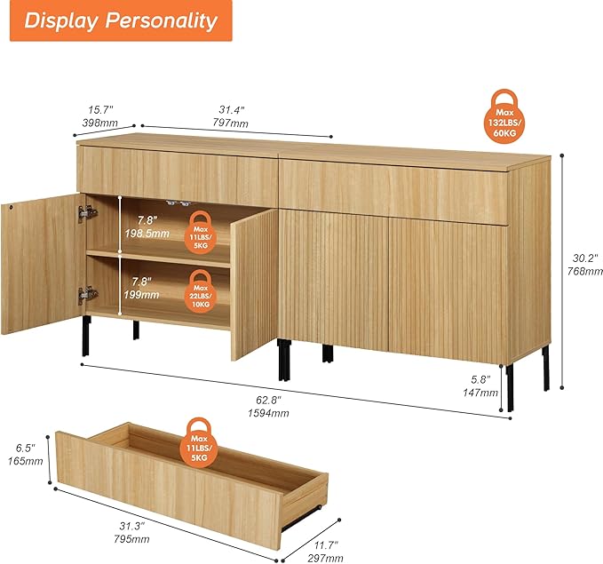 WAMPAT Fluted TV Stand TVs up to 70 inch, 63" W Modern TV Entertainment Center with Storage Cabinets and 2 Drawers & 4 Doors, Wood Media TV Console Table with Storage for Living Room, Oak