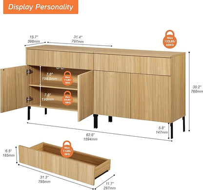 WAMPAT Fluted TV Stand TVs up to 70 inch, 63" W Modern TV Entertainment Center with Storage Cabinets and 2 Drawers & 4 Doors, Wood Media TV Console Table with Storage for Living Room, Oak