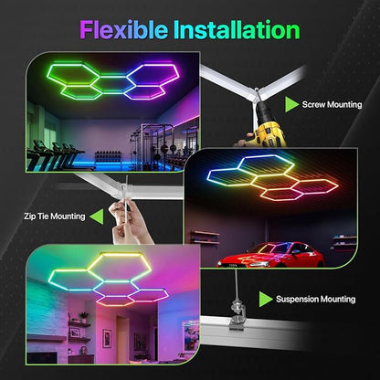 Glitgate RGB Hexagon Garage Lights, LED Hex Lights with App & Remote Control, DIY Modular Honeycomb Lighting System, Music Sync Dimmable Smart Ceiling Light Fixture for Gym, Shop, Gaming Room