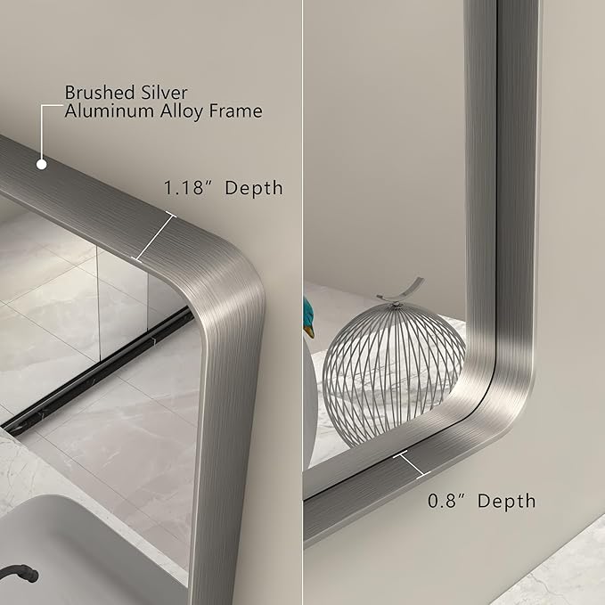 55x30 Silver Bathroom Mirror for Wall, Brushed Metal Silver Framed Bathroom Vanity Mirror, Rounded Corner Rectangle Mirror, Shatterproof, Anti-Rust (Horizontal/Vertical)