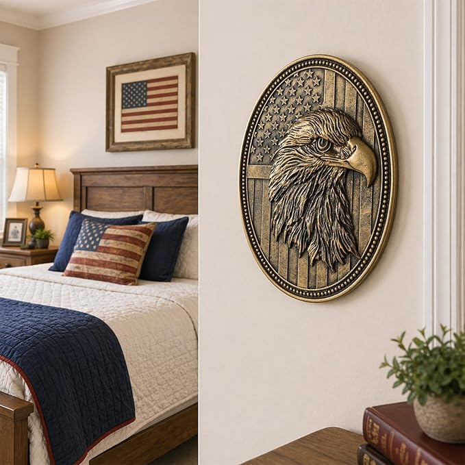 Vintage American Bald Eagle Wall Sculpture, Antique Wall Decor, 4th of July Decor, Hand Painted Wall Decoration with Embossed Eagle Design, 250 Anniversary USA Decor, Patriotic Decoration for Bedroom Living Room Hallway, Housewarming Gifts