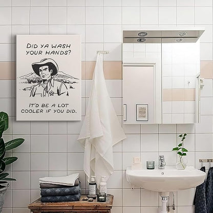 Framed Retro Black and White Cowboy Kitchen Wall Art Did You Wash Your Hands Canvas Prints Cute Bathroom Humor Pictures Trendy Decor Posters Paintings Western Home Wall Decor (16x24in Framed)
