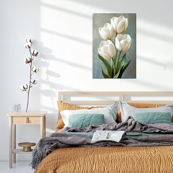 White Wall Art Tulips Wall Decor Flowers Pictures Modern Floral Paintings Canvas Prints Artwork for Bathroom Living Room Bedroom Home Decoration Framed