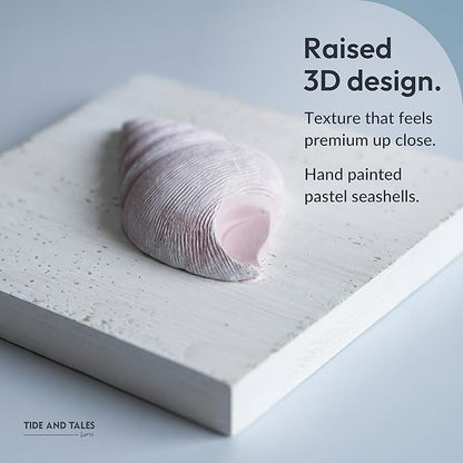 TideAndTales Beach Decor Seashell Wall Art - (Set of 4) Textured 3D Shells and Starfish Decorations for Home or Beach House, Rustic Ocean Theme Coastal Bedroom or Bathroom Wall Decor 6" x 6"