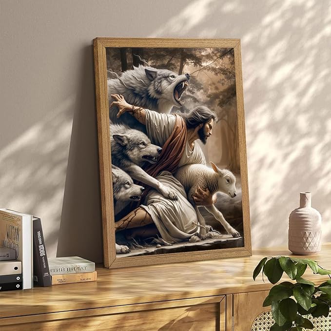 Framed Jesus and Lamb Canvas Wall Art Jesus Saves The Lost Lamb Picture Wall Decor God Protect A sheep From Wolves Painting Print Christian Poster Artwork for Living Room Bedroom Church (8x10 in)