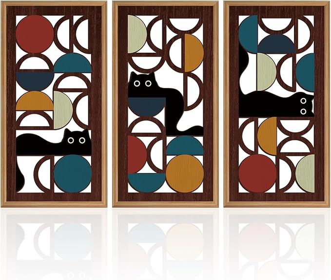 IARTTOP Mid Century Modern Cat Wall Art Framed Set of 3 Boho Abstract Geometric Wood Decor Black Cat Hanging Art for Living Room Bedroom Office Cat Lover Gifts 8x16 Inch