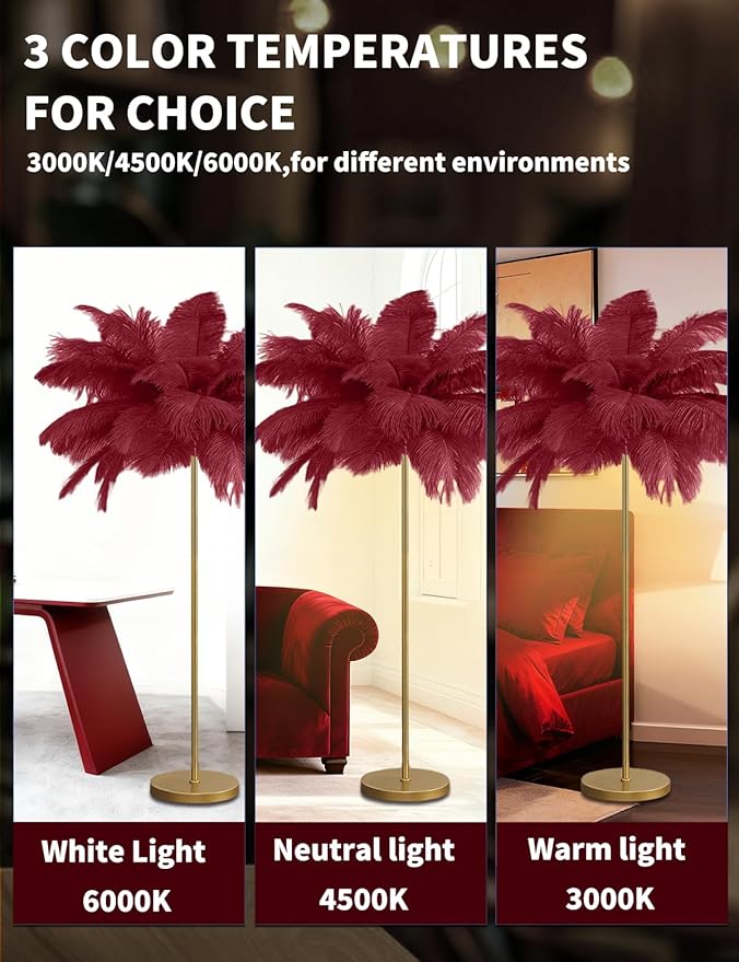 Feather Floor Lamp,Fluffy Ostrich Feather Floor Lamp for Bedroom,3 Color Temperatures Led Corner Modern Floor Lamps for Living Room Christmas Home Decor House Warming Gifts,63″ Height (Wine Red)