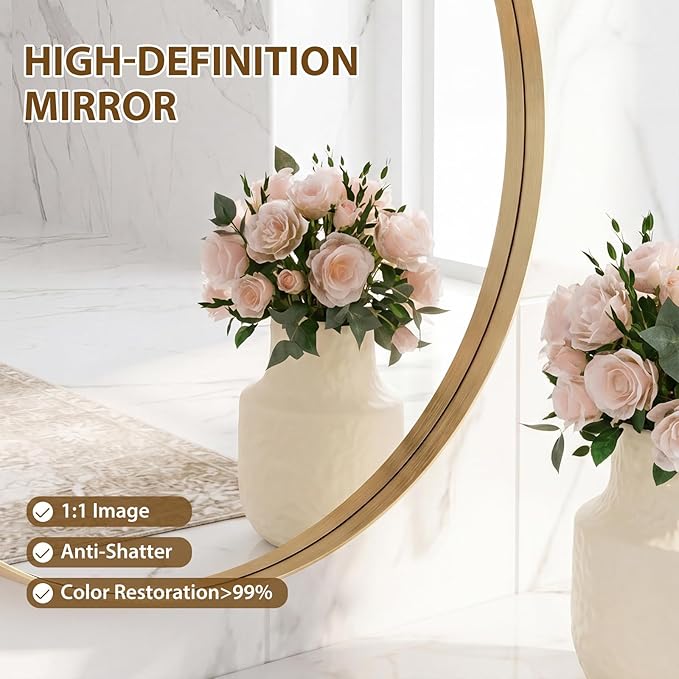 NEWBULIG 30-Inch Round Wall Mirror, Bathroom Wall Circle Mirror with Metal Frame, Bathroom Decor for Entryway, Living Room, Vanity, Gold