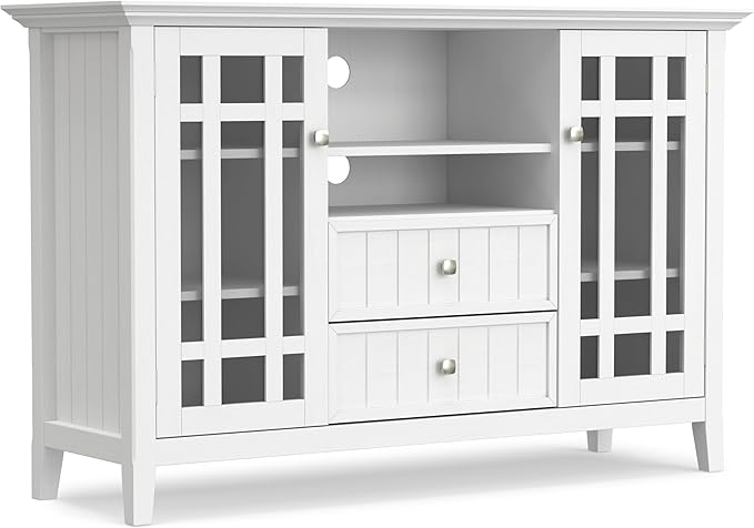 SIMPLIHOME Bedford TV Stand - 53 inch Wide Solid Wood Tall Media Console in White, Transitional Entertainment Center for Living Room for TVs up to 60 Inches with Glass Cabinets and Cable Management