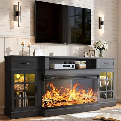 70" TV Stand with 36" Electric Fireplace, Entertainment Center Console Table for TV up to 80'', Fireplace TV Stand with Open Storage Shelves and Glass Door for Living Room, Black