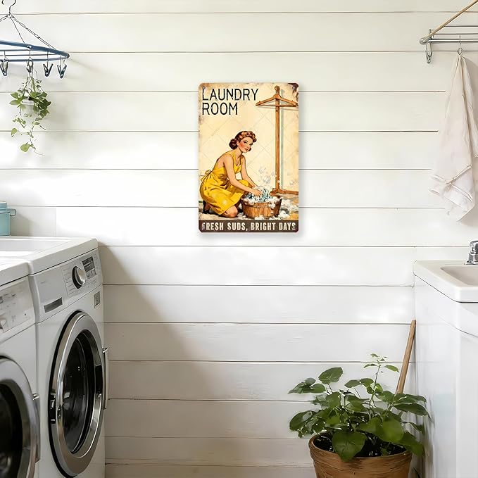 50s laundry Day Poster Metal Tin Sign Fresh Suds Bright Days Vintage Sign Utility Room Decor Retro Laundry Room Wall Art 16x12 Inch