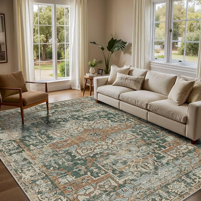 Rugxara 5x7 Area Rugs for Living Room Bedroom, Washable Rug, Green Vintage Retro Boho Rug, Non Slip & Low Pile Faux Wool Thin Carpet for Indoor Dining Room and Kids Room(Green/Brown 5x7ft)