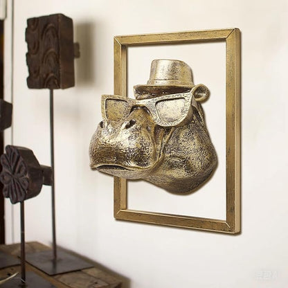 JJALIGHTS Exquisite Resin Animal Head Wall Sculpture (Gift Metal Frame) - Imitation Copper Vintage Decor for Living Room, Bedroom & Office | Decorative Wall Hanging Art(Hippo)