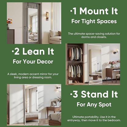 Suidia Full Length Mirror Over the Door&Wall Mounted, 48"x14" Door Mirror with Aluminum Alloy Frame, HD Shatterproof, No-Drill, Hanging Mirrors for Bedroom, Bathroom, Dorm, Closet, Rect, White