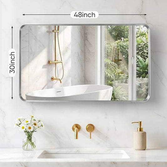 NEWBULIG 30X48 Inch Bathroom Mirror for Over Sink, Wall Vanity Mirrors Tempered Glass, Anti-Rust Metal Framed Rounded Rectangle, Hangs Horizontally or Vertically, Farmhouse Home Decor, Silvery