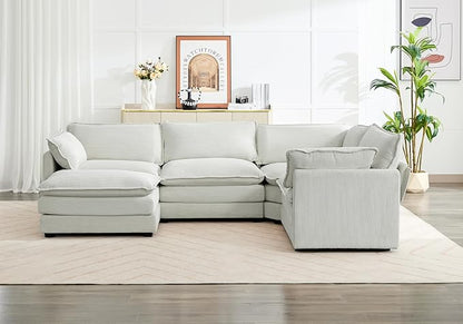ROWHY 113'' Sectional Cloud Couch, 5 Seater Modular Corner L Shape Sofa Big Comfy Corduroy Oversized Couch with 2 Pillows Movable Ottoman, Deep Seat Sectional Couches for Living Room Office Light Grey | Pet-Friendly Fabric