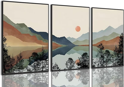 Bwodke Framed Wall Art Canvas Mountain Wall Art Set of 3 Boho Watercolor Nature Landscape Picture Decor Sun Forest Prints Artwork Painting for Living Room Bedroom Office 16"x24"