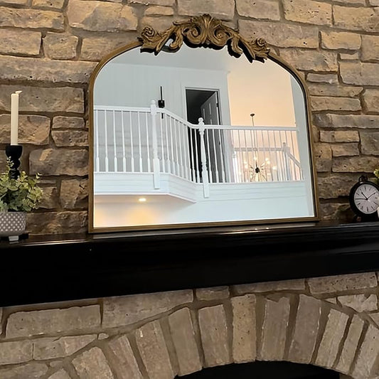 USHOWER Gold Anthropologie Vintage Arched Mirror 36" x 30", Large Baroque Ornate Mirror with Antique Brass Frame for Fireplace, Bathroom, Living Room, Entryway Renovation