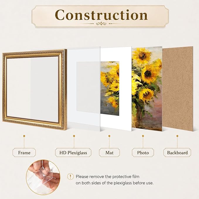 JCJMY 12x12 Vintage Picture Frame with 8x8 Mat Set of 4, Elegant Retro 12 by 12 Photo Frame with Shatter-Resistant Plexiglass for Wall Hanging, Gallery Decor & Gift, Gold, 4 Pack