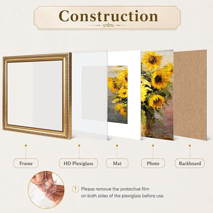 JCJMY 12x12 Vintage Picture Frame with 8x8 Mat Set of 4, Elegant Retro 12 by 12 Photo Frame with Shatter-Resistant Plexiglass for Wall Hanging, Gallery Decor & Gift, Gold, 4 Pack