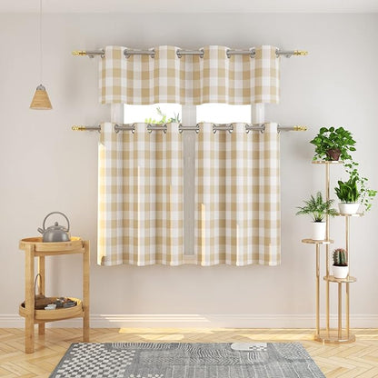 3 Pc Cotton Classic Country Farmhouse Kitchen Window Curtain Grommet Top -Beige & White Buffalo Check Tier & Valance Set, 54" x 18" / 32" x 36"