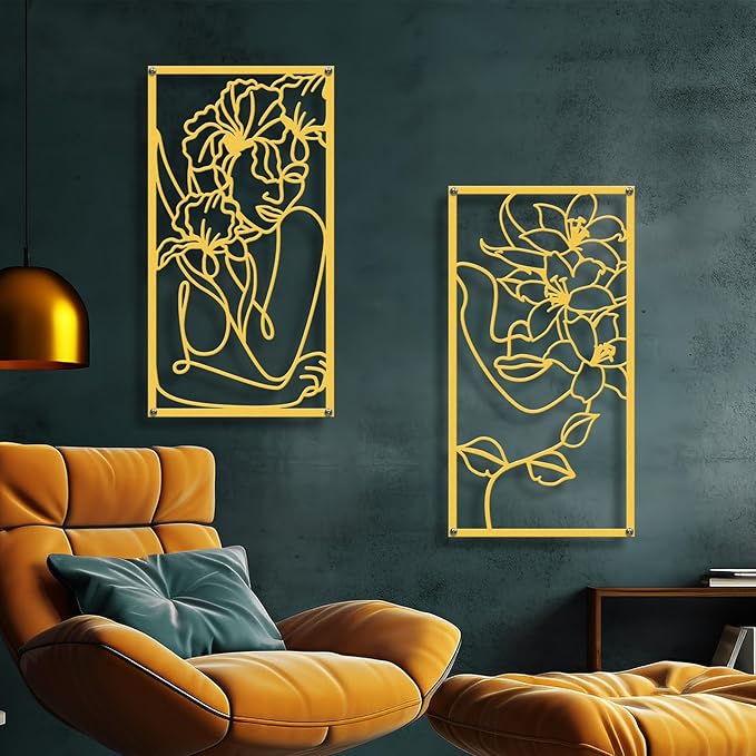 Zzbakress 4 Pcs Metal Minimalist Abstract Woman and Flower Wall Art Single Line Drawing Art Decoration Minimalist Home Hanging Wall Art Decor for Bedroom Kitchen Bathroom Living Room (style1, Gold)