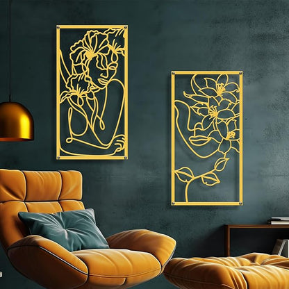Zzbakress 4 Pcs Metal Minimalist Abstract Woman and Flower Wall Art Single Line Drawing Art Decoration Minimalist Home Hanging Wall Art Decor for Bedroom Kitchen Bathroom Living Room (style1, Gold)