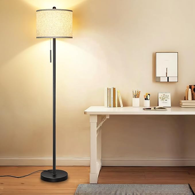 Qingmiao Floor Lamp for Living Room, 63in Black Standing Lamp, 3-Way Dimmable Floor Lamp for Bedroom, Tall Lamp with White Linen Shade for Office