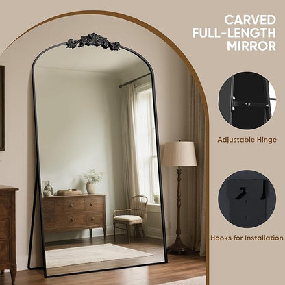 Antok Arched Full Length Mirror, 81"x41" Floor Mirror with Carved, Full Body Mirrors for HomeDecor, Standing/Halling Large Wall Mirror for Bedroom, Living Room, Cloakroom, Black, Retro Style