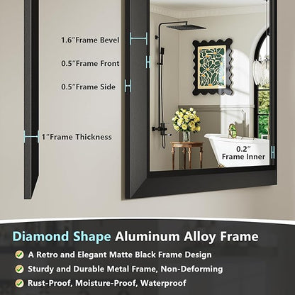 48x32 Inch Black Bathroom Mirror for Wall, Beveled Framed Rectangle Bathroom Vanity Mirrors for Over Sink, Bedroom, Living Room, Entryway, Anti-Rust, HD Tempered Glass, Horizontally/Vertically