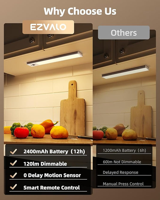 EZVALO Under Cabinet Lighting with Charging Station, Rechargeable Motion Sensor Light Indoor, Dimmable Closet Lights Wireless, 3000K, Motion Activated Under Counter Lights for Kitchen,Pantry(3 Pcs)