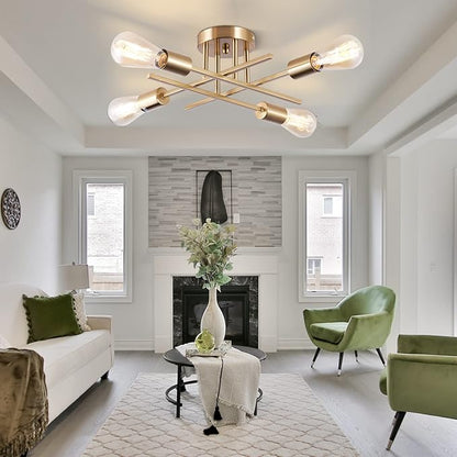 Sputnik Chandeliers, Modern Semi Flush Mount Ceiling Light with E26 Base, Mid Century Industrial Kitchen Farmhouse Light Fixtures for Bedroom Living Room (Brass, Ceiling 4 Lights)