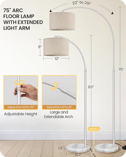 75" Arc Floor Lamp with Marble Base and Adjustable Height, Rotating Hanging Shade, Dimmable Floor Lamp for Living Room with Remote and Foot Switch, 3CCT, Beige Shade and Silver Pole SE15LD05N1