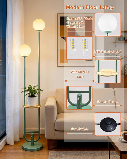 Lightdot 63IN Green Floor Lamp 2 Globe Mid Century Standing Lamps with Bulbs Included Unique Vintage Dimmable Tall Floor Lamp with 5Lbs Heavy Base for Living Room/Wedding/Sofa Beside/Corner Decor