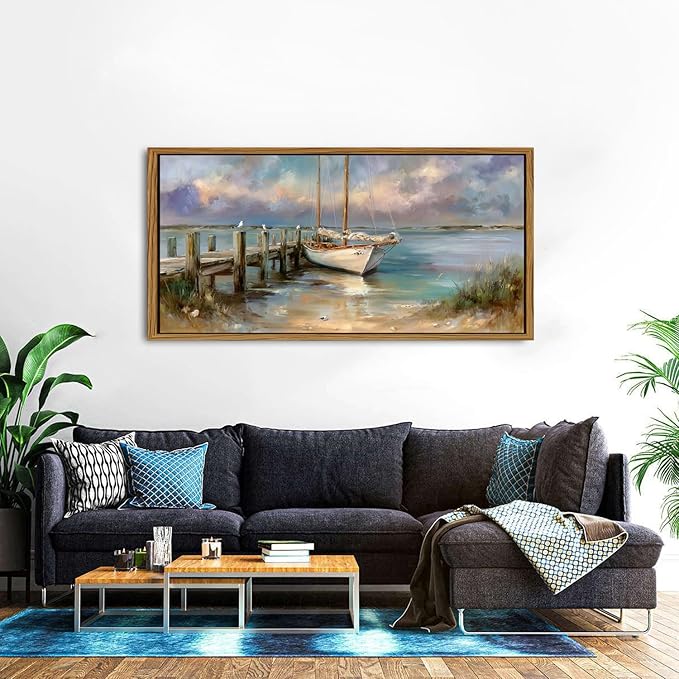 Abstract Ocean Framed Wall Art Coastal Room Decor Rustic Beach Rowboat Landscape Picture Canvas Prints for Living Room Cottagecore Decor Seaside Poster Sea View Painting Artwork Home Decoration 30x57.8"