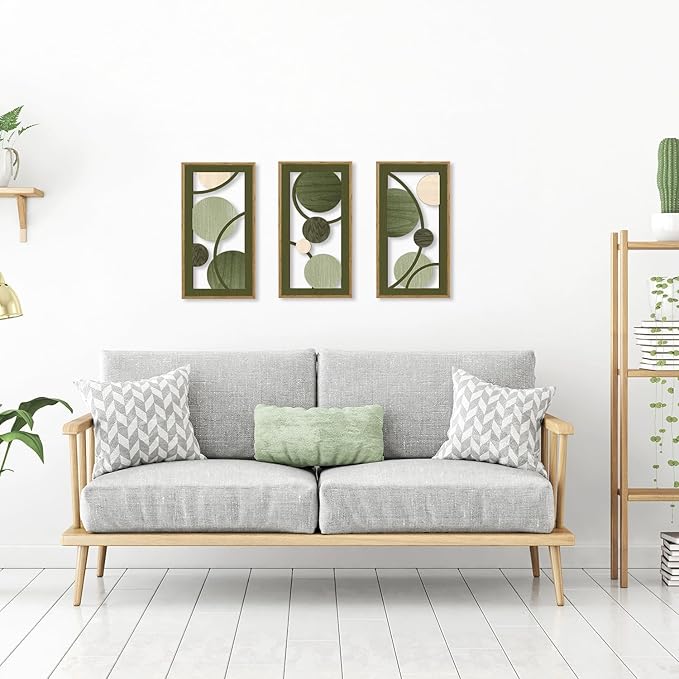 KAIRNE Boho Sage Green Wooden Wall Art,3 pieces Abstract Modern Wall Sculptures,Rustic Geometric Framed Hanging Decor,Minimalist Mid Century Wall Decor for Living Room Bedroom Farmhouse 8X16 inch