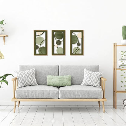 KAIRNE Boho Sage Green Wooden Wall Art,3 pieces Abstract Modern Wall Sculptures,Rustic Geometric Framed Hanging Decor,Minimalist Mid Century Wall Decor for Living Room Bedroom Farmhouse 8X16 inch