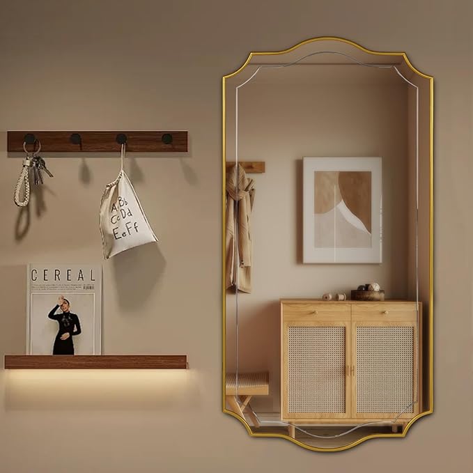 POZINO Gold Scalloped Mirror, 24"x47" Large Rectangle Aesthetic Wall Mirror with Wood Frame, Modern Elegant Wavy Mirrors for Living Room Bedroom Hallway Entryway, Horizontal or Vertical Hanging