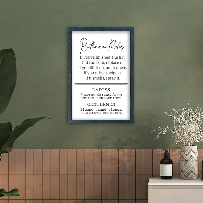 Bathroom Rules Wall Decor 16"×11" Restroom Toile Sign Humor Quotes for Bathroom Humorous Modren Restroom Wood Framed Wall Hanging Art (Black)