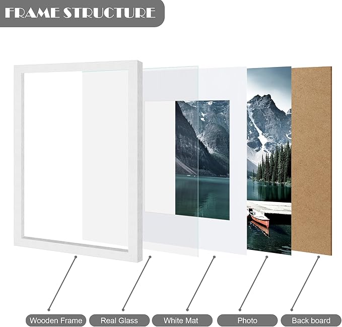 Hongkee 8x12 White Picture Frames set of 3, Made of Wooden and Glass Photo frame - Displays 6x8 Picture with Mat or 8 x 12 Poster without Mat, Desktop & Wall Collage Frame set