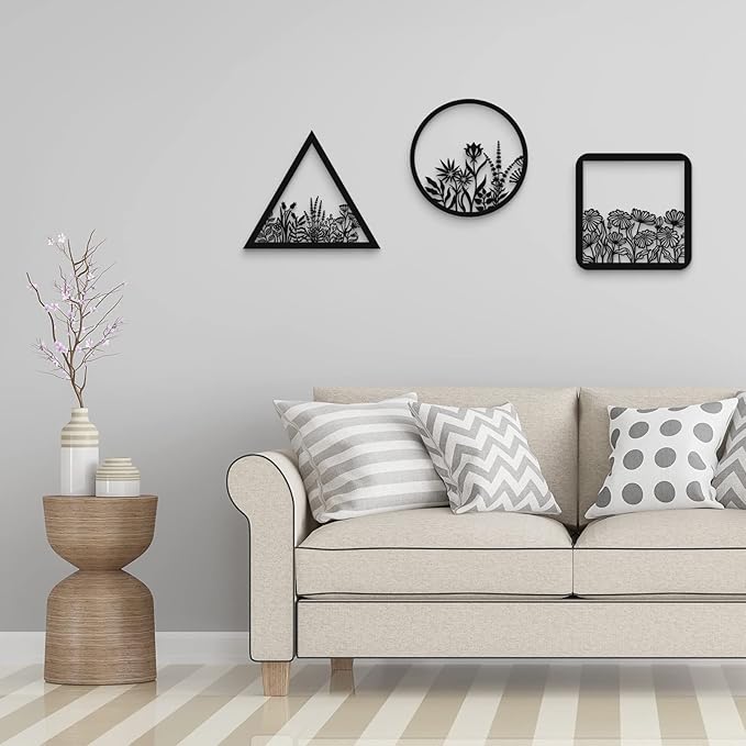 Blulu 3 Pieces Wall Art Wood Wall Pediments Sacred Boho Art Wooden Floral Decor Minimalist Floral Hanging Flower Artwork for Home Dining Room(10 Inch,Dark Black)