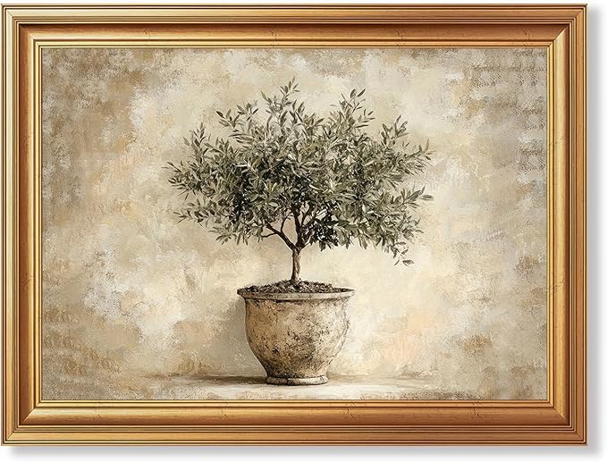 JLTULT Gold Framed Potted Olive Tree Wall Art, Vintage Botanical Canvas Wall Decor, Olive Branch Art Print for Living Room Bedroom Office 12x16 Inch with Fade-Resistant Print Easy to Hang