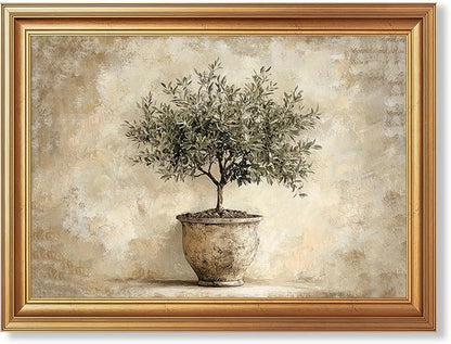 JLTULT Gold Framed Potted Olive Tree Wall Art, Vintage Botanical Canvas Wall Decor, Olive Branch Art Print for Living Room Bedroom Office 12x16 Inch with Fade-Resistant Print Easy to Hang