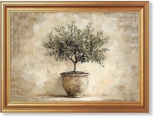 JLTULT Gold Framed Potted Olive Tree Wall Art, Vintage Botanical Canvas Wall Decor, Olive Branch Art Print for Living Room Bedroom Office 12x16 Inch with Fade-Resistant Print Easy to Hang