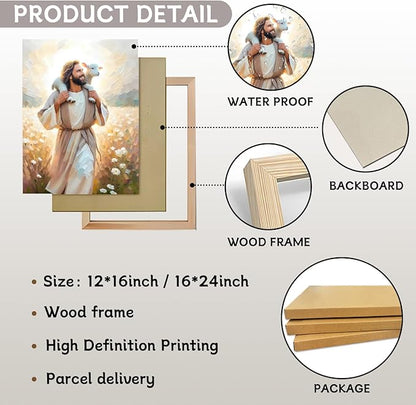 Jesus Canvas Wall Art Print – Christian Wall Decor Poster Painting of Jesus Carrying the Lamb, Inspirational Religious Decor for Living Room, Church or Prayer Room – 12"x16" Framed
