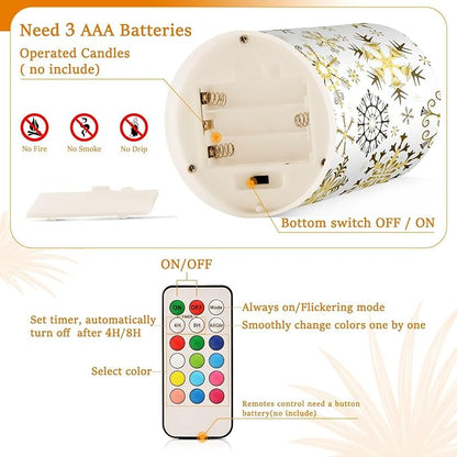 Christmas Lights Decorations Flameless Candles Golden Snowflake White Pillar Candles Set of 2 Battery Operated Remote Control Warm Lights