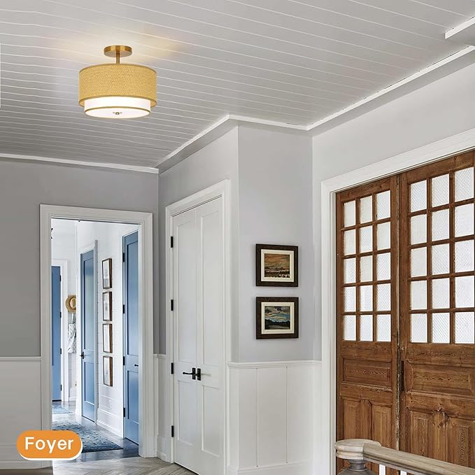 Vexagyle Boho Light Fixtures Woven Rattan-Style Flush Mount Ceiling Light, 12.6inch Closed to Ceiling Light Fixture with 2-Tier Drum Design for Bedrooms, Kitchen, Dining Room, Hallway